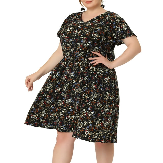GRACE & GRANDEUR Robe pour Femme Grande Taille à Manches Courtes Évasées, Florale, à Basque, Robe Midi d'Été 3X Noir