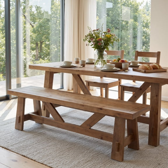 Finmind 55" Solid Wood Dining Bench with Slat-Top, Farmhouse Wooden Bench Seat