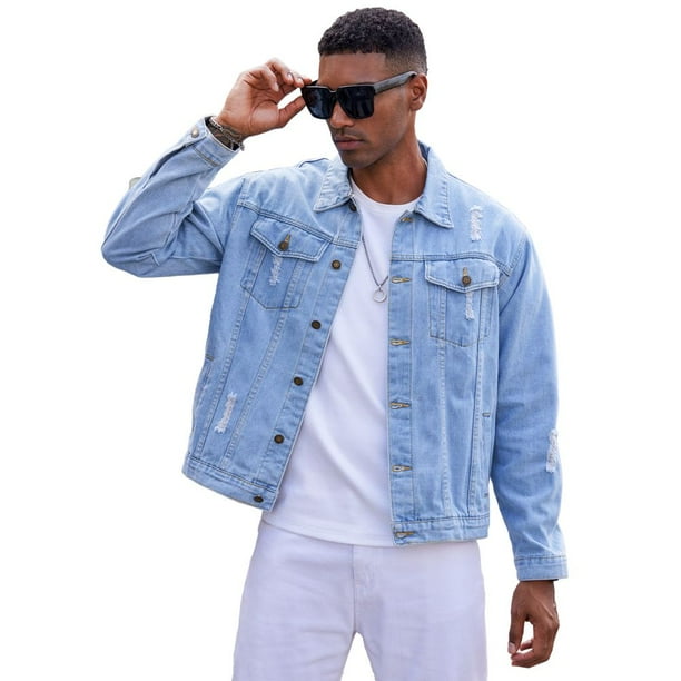 Men's Blue White Sheepskin Motorcycle Biker Jacket, Stand