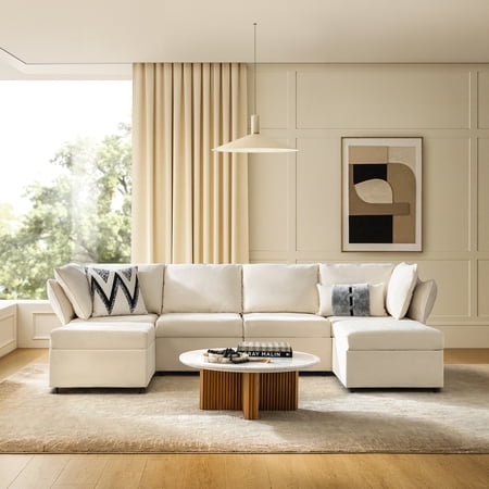 Tina's Home 111.5" Wide Modular Sectional Sofa with Washable Covers, Pet-Friendly Fabric Modern 6-Seat L-Shaped Sofa for Living Room Apartment, Beige