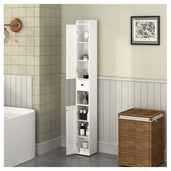 Bathroom Storage Cabinet, 67.51" Tall Slim Freestanding Organizer, Adjustable Shelves, 2 Door Cabinet with Anti-Tip Kit, for Bathroom, Kitchen, Living Room - White