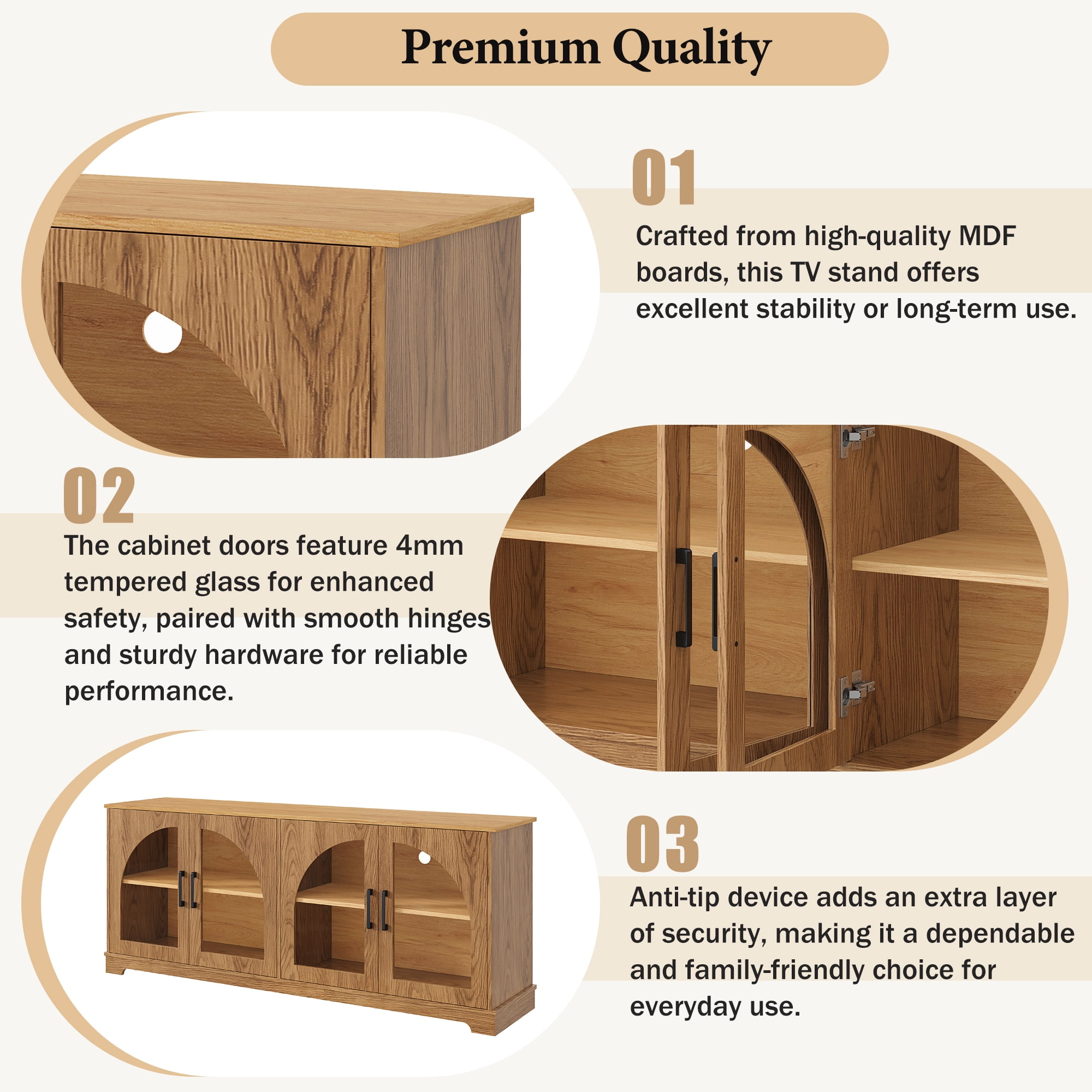 Homy Casa 67" Two-Tone TV Stand for TVs up to 70", Tempered Glass Doors and Storage Cabinet, Brown