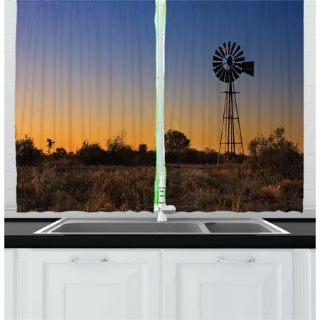 Kalahari Outdoor Windmill Curtains 2 Panels Set, Sunset in Kalahari Peaceful Outdoors Agriculture Rural Nature Image, Window Drapes for Living Room Bedroom, 55W X 39L Inches, Blue Brown and Marigold, by Ambesonne ()