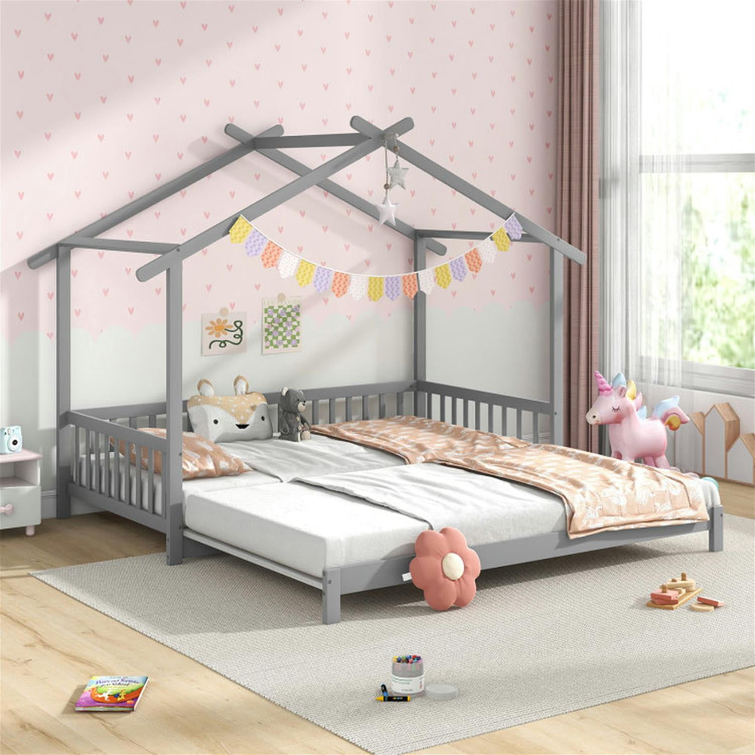 Demi Bonn Extendable House Bed Twin to King Daybed with Roof and Fence Rails, Modern Platform Bed Frames for Teens, Gray