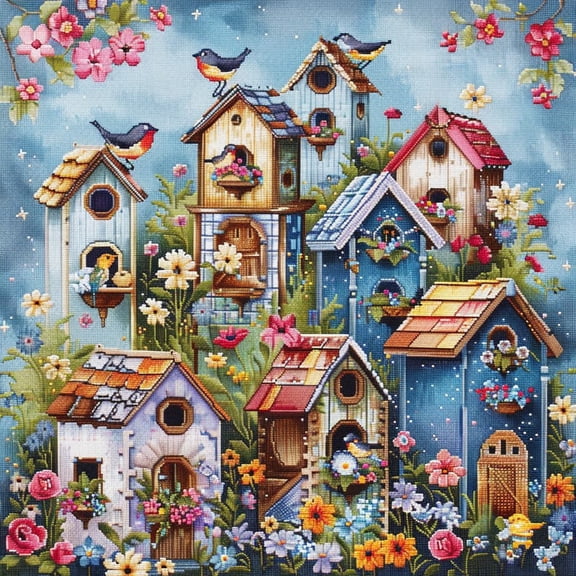 Colorful Birdhouses DIY 11CT Stamped Cross Stitch Kits for Beginners Easy Needlepoint Embroidery Counted Cross Stitch Art Craft for Wall Decoration 14x14inch(6)