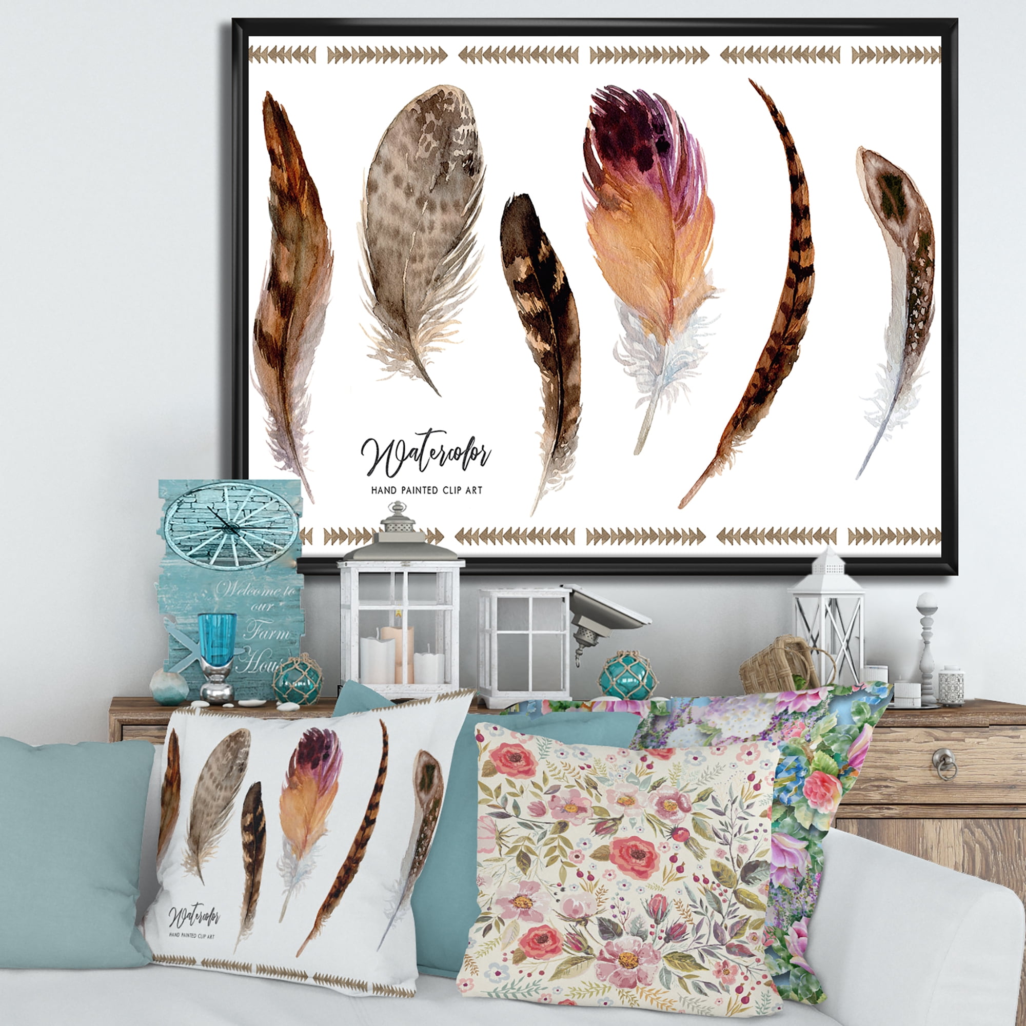 Designart 'Exotic Vibrant Boho Watercolor Feathers' Bohemian & Eclectic Framed Canvas Wall Art Print