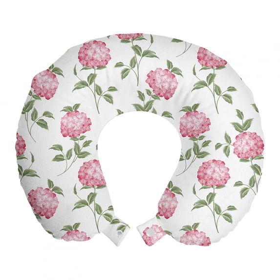 Flower Travel Pillow Neck Rest, Abstract Simplistic Hydrangea Floral Ornate Hand Drawn Blossoms Spring Print, Memory Foam Traveling Accessory Airplane and Car, 12", White Pale Pink, by Ambesonne