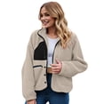 thumbnail image 6 of felwors Womens Fuzzy Fleece Jacket Fall Casual Long Sleeve Cropped Button Down Shacket Coats Outwear With Pockets Beige, M, 6 of 8
