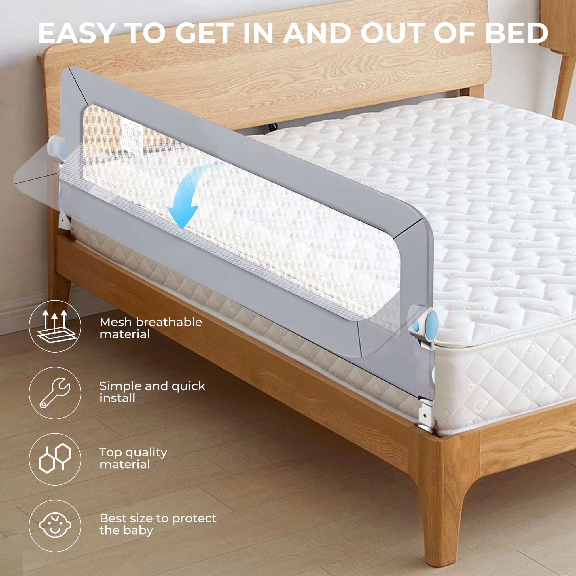 RUPOUN Toddler Bed Rail for Kids, Swing Down Safety Guardrail, Universal Fit for Full, Queen and Adult Mattresses, Easy Installation