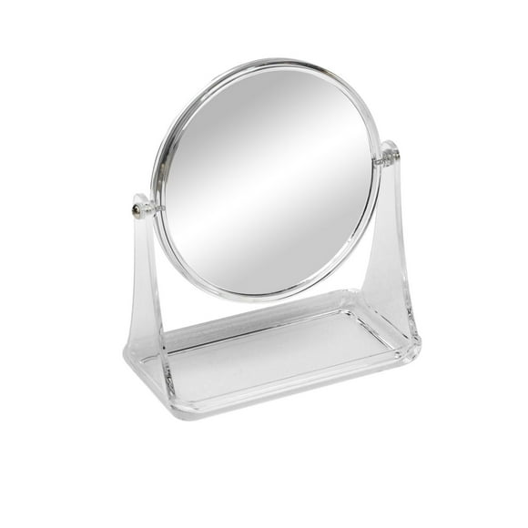 Mainstays Clear Double-Sided Vanity Mirror, 1 vanity mirror with plastic frame and plastic tray, 1x and 3x magnification