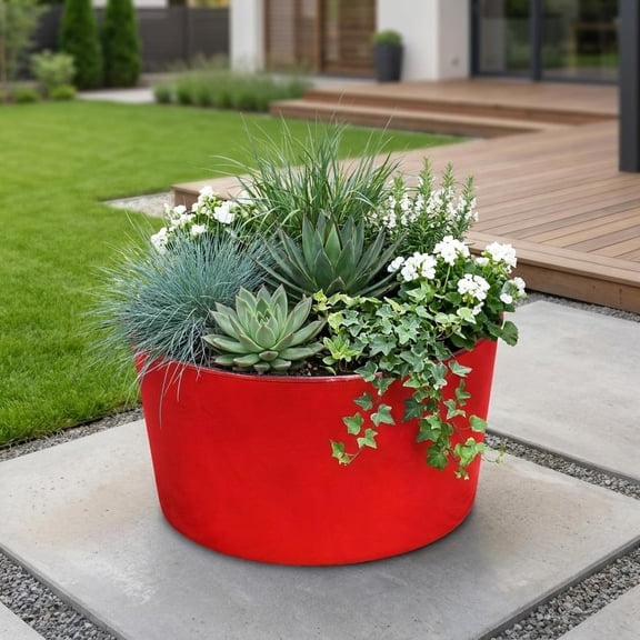 12" Red Recycled Plastic Indoor Outdoor Round Pot Planter