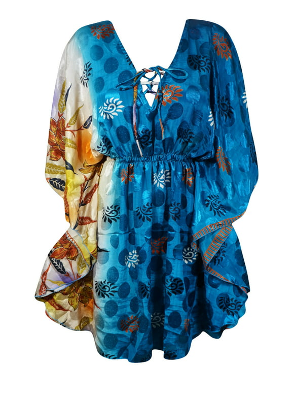 Mogul Summer Short Tunic Dress, Blue Printed Beach Caftan Dresses M-XL