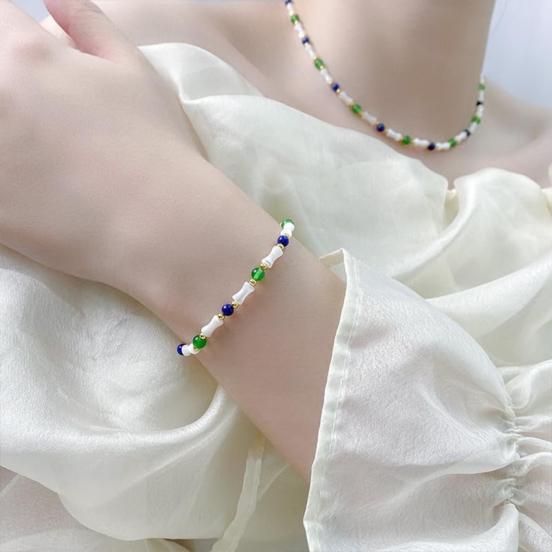 14K Gold Bamboo Bead Bracelet, Green Jade and Shell Bead Design Bracelet, Elegant Chinese Style Jewelry for Women