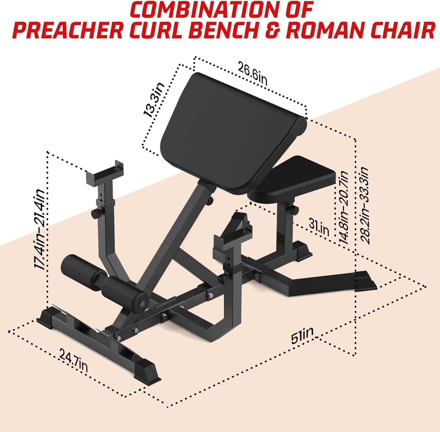 Hetoy 2 in 1 Roman Chair and Missionary Curling Bench Multi-functional heavy-duty, extra-extended bench with adjustable height for arm, abs, back, hip, and leg stretching exercise equipment,Black