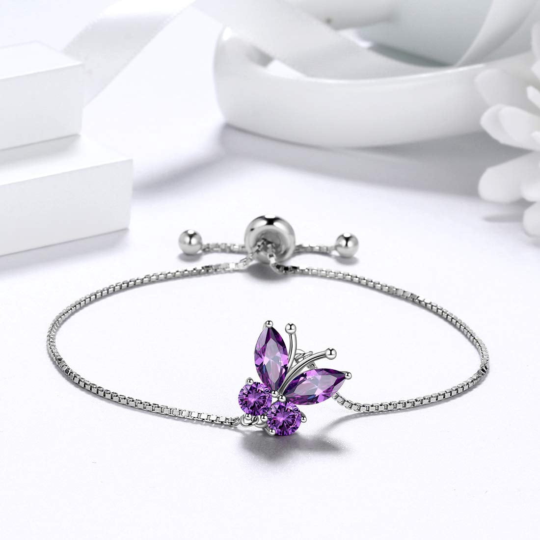 February Birthstone Bracelets Purple Butterfly Bracelet Amethyst CZ 925 Sterling Silver Birthday Jewelry Women Xmas Mother's Day Gifts