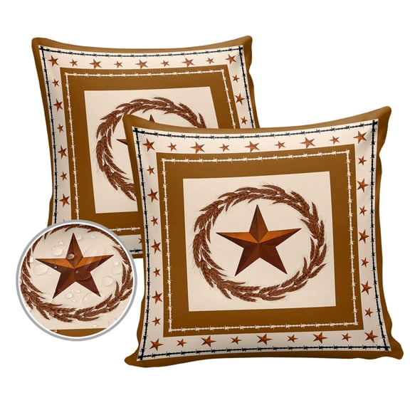 Pack of 2 Outdoor Pillow Covers, Texas Star Brown Wheat Ears Waterproof Square Throw Pillowcase Cushion Decorative Pillow Covers for Couch Patio Tent, 18x18 in