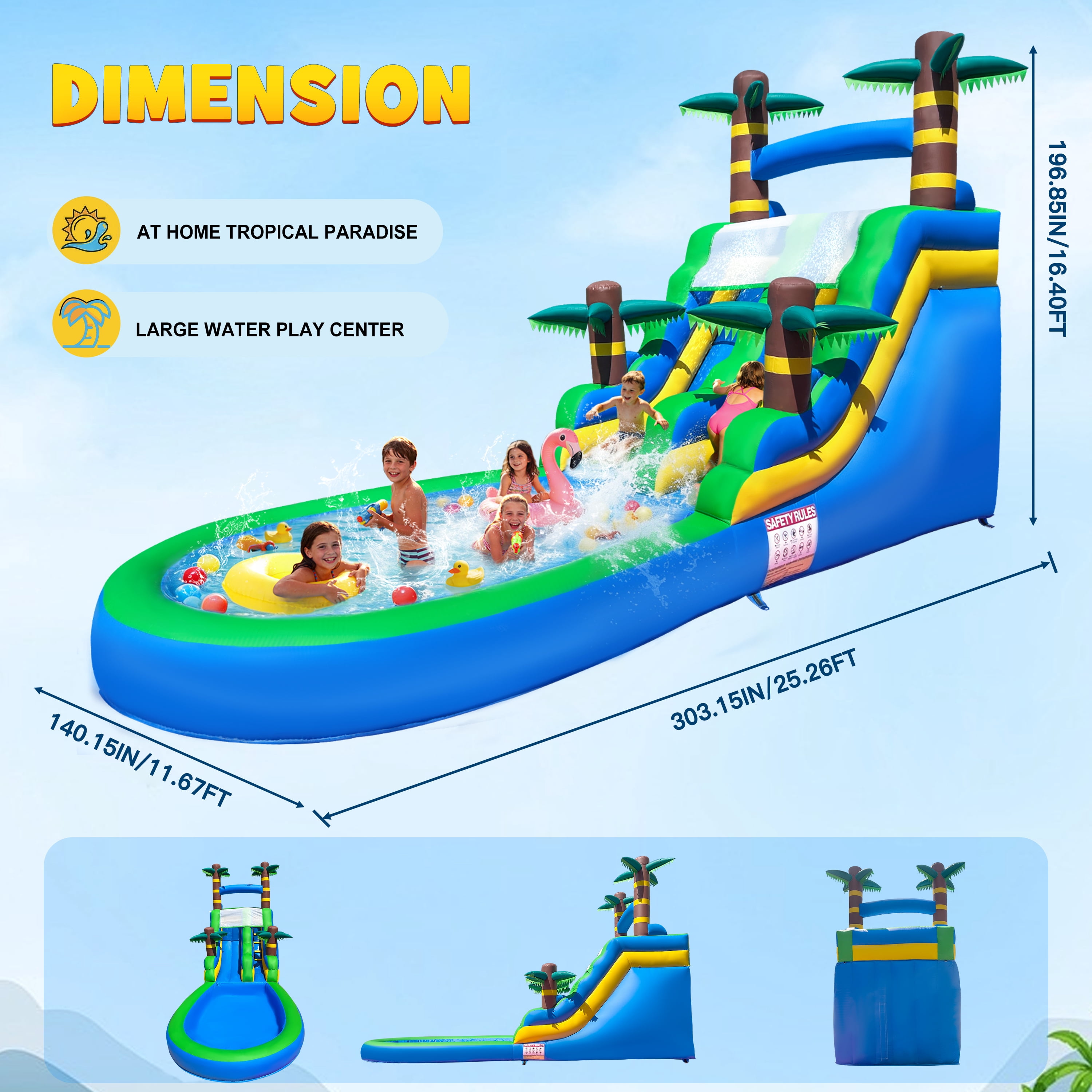 STICCIO 26ft Inflatable Water Slide with Blower, Single Climbing Lane Dual Slide, Splash Pool, Commercial Waterslide for Kids & Adults, Blue