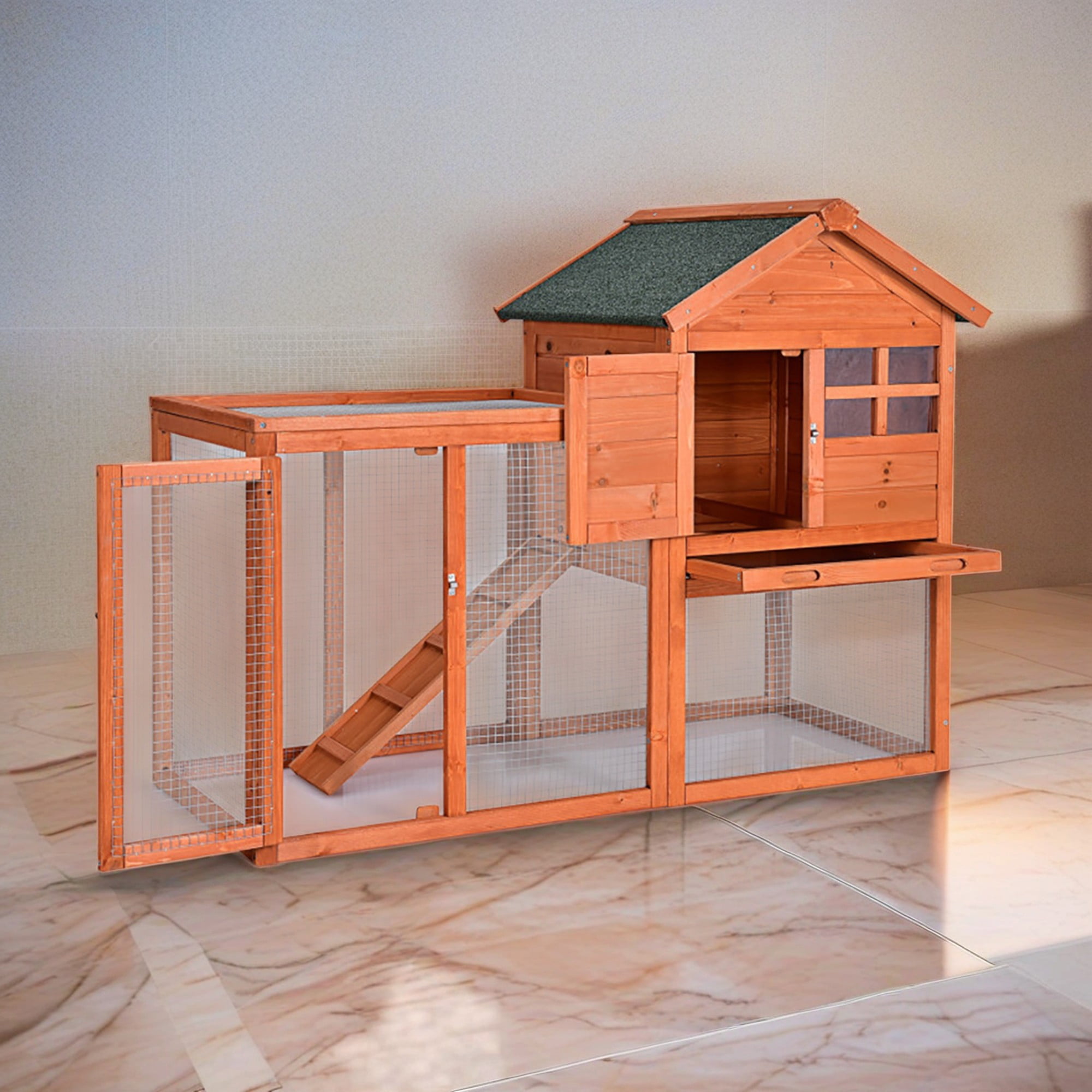 Kadyn 48" Wood 2 Tier Chicken Coop Habitat, Rabbit Hutch for Outdoors, Indoor Guinea Pig Coop Pet House with Stairs, Orange