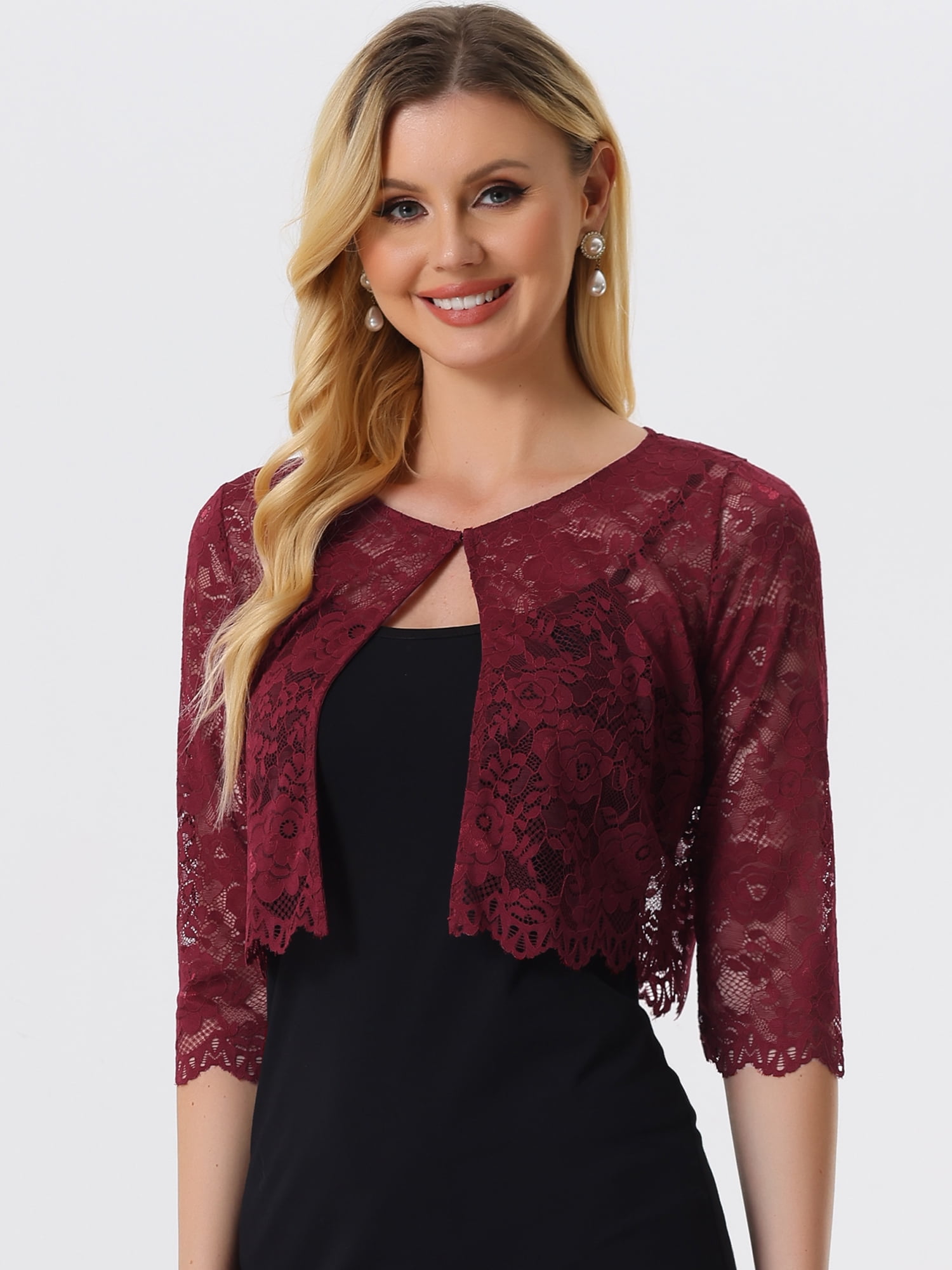 DARING DIVA Leisure Allover Floral Lace Crop Shrug Cardigan S Claret Red