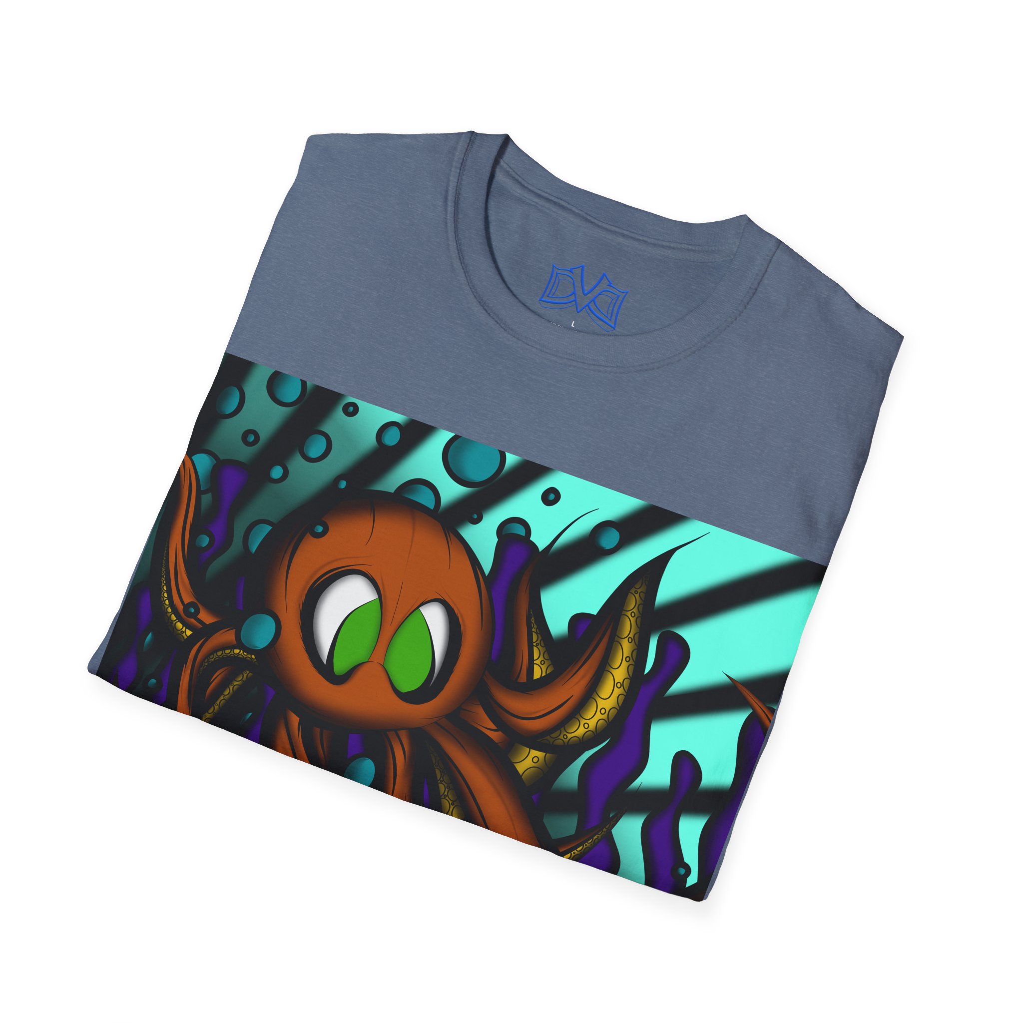 Octopus 9 tentacles, hand drawn art, skate & surf wear on a Unisex T Shirt.