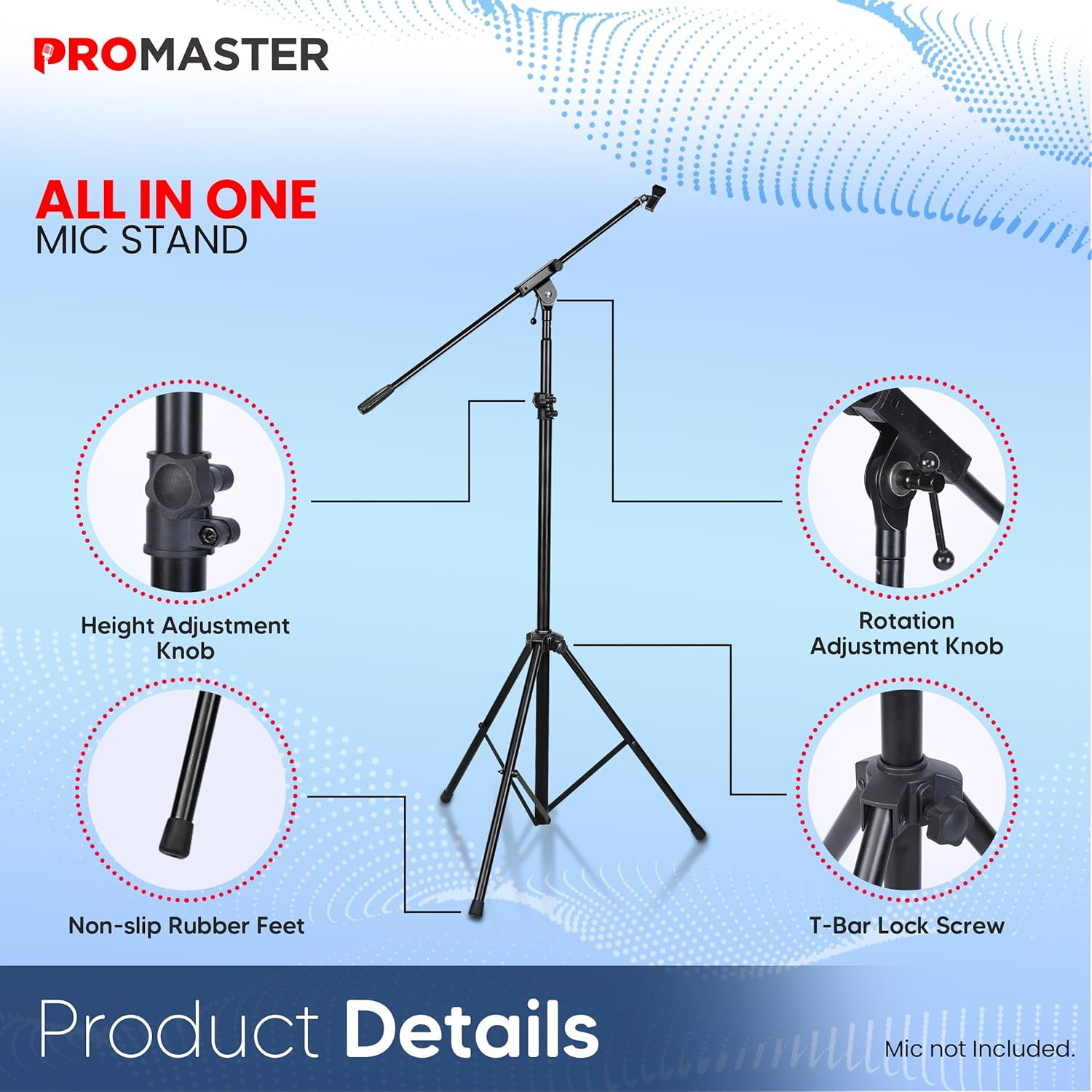 Adjustable Tripod Microphone Stand with Gooseneck Boom Arm and Universal ⅝” Adapter - Professional Audio Gear - Black