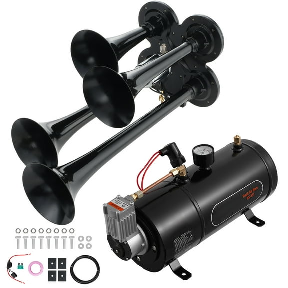 KFFKFF 4-Trumpet Air Horn Kit with 12V Compressor, 150dB Sound, 0.8 Gal/3L Tank, and Pressure Gauge for Cars, Trucks, Vans, Boats, and Other 12V Vehicles