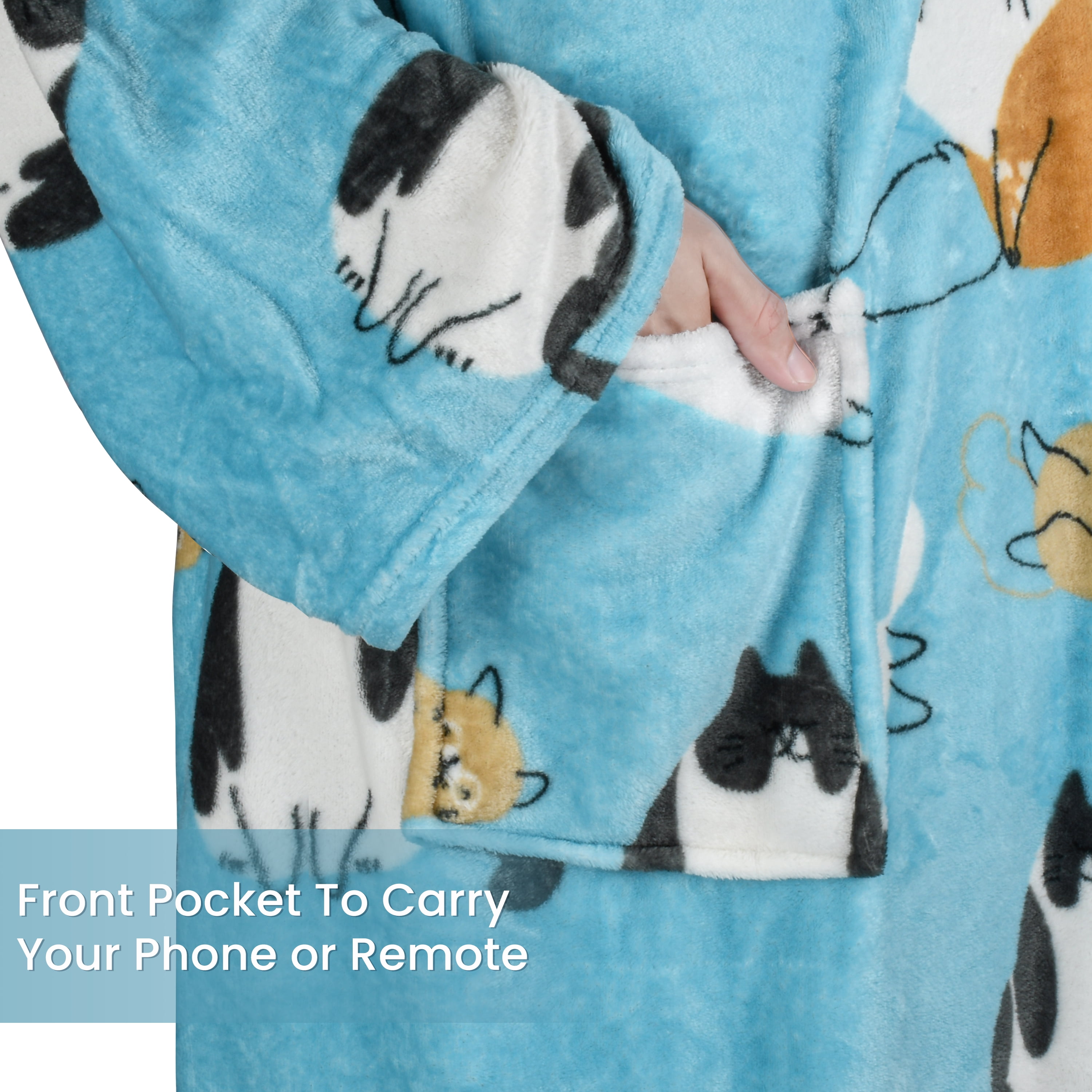 Catalonia Wearable Fleece Blanket with Sleeves and Foot Pockets for Adult Women and Men, Micro Plush Comfy Wrap Sleeved Throw Blanket Robe, Large, Blue Cat