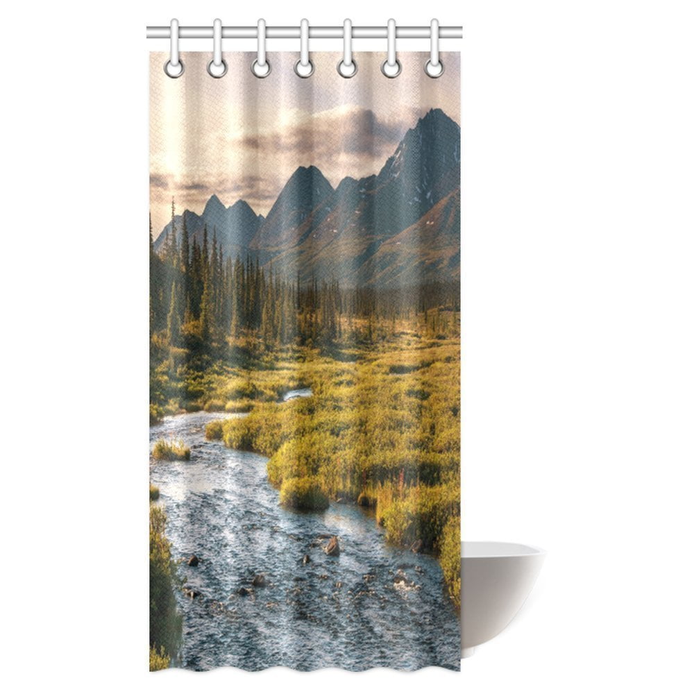 MYPOP Lake House Shower Curtain, Scenic Mountain with Pine Trees and Flowing River Colorful