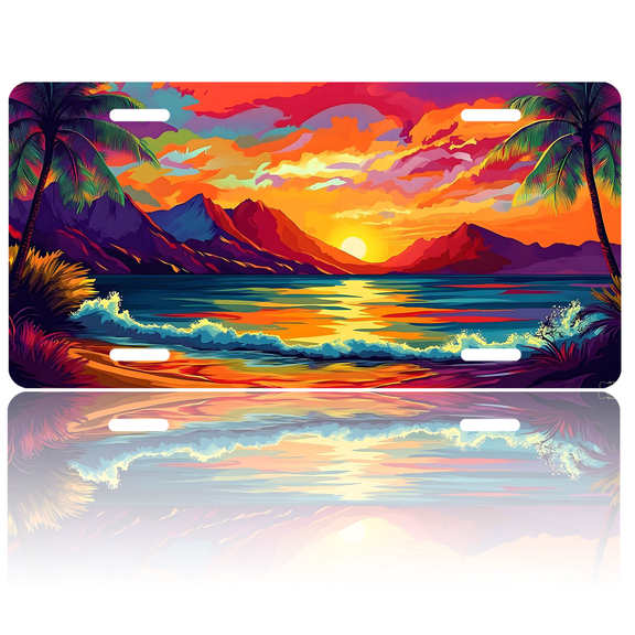 1 Pcs 2D Flat License Plate Covers & Frames, Sunset Beach For Decorative Front, Waterproof For Decoration Aluminum License Plate Covers & Frames Cover For Men Women, 12" X 6"