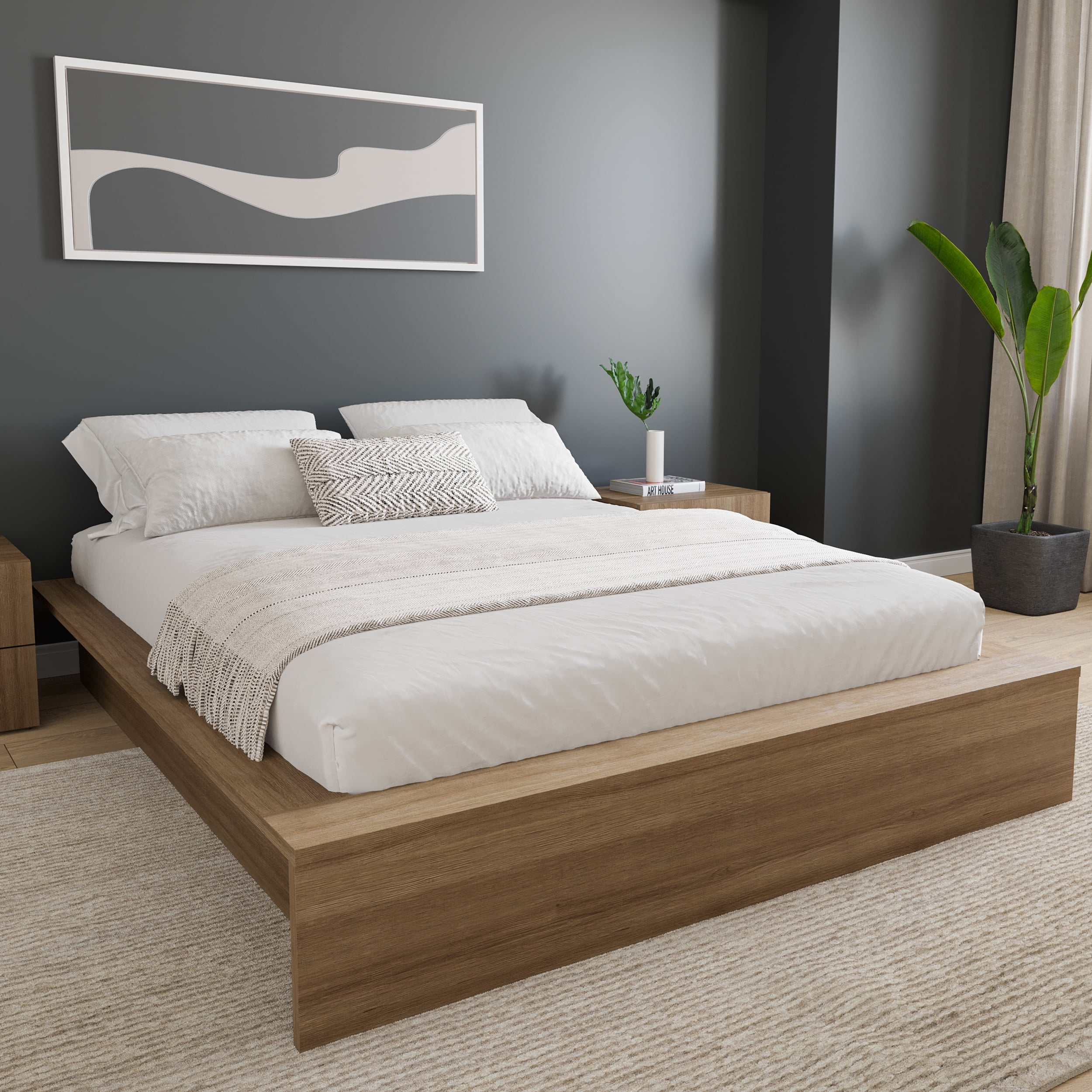 Nexera James Queen Size Platform Wood Bed Frame, Brown Oak