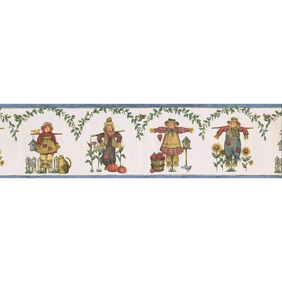 Concord Wallcoverings Wallpaper Border, Scarecrow Cat Birdhouse Vegetables Flowers Leaves Garland for Cottage Farmhouse Dining Area, Multicolored, 6.25 Inches by 15 Feet BT77721