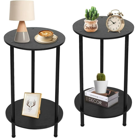 Small Round Side Table, End Tables Living Room Set of 2, Black Night Stands for Bedrooms, Small Side Table for Small Spaces,2 Tiers Modern Side Table with Storage Shelf, Easy to Assemble
