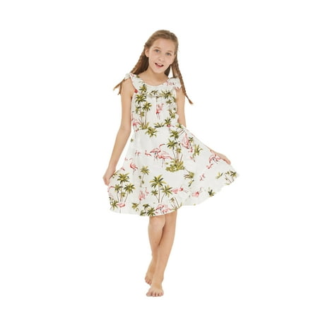 

Made in Hawaii Luau Wrap Ruffle Dress in Flamingos and Palms in Assorted Colros