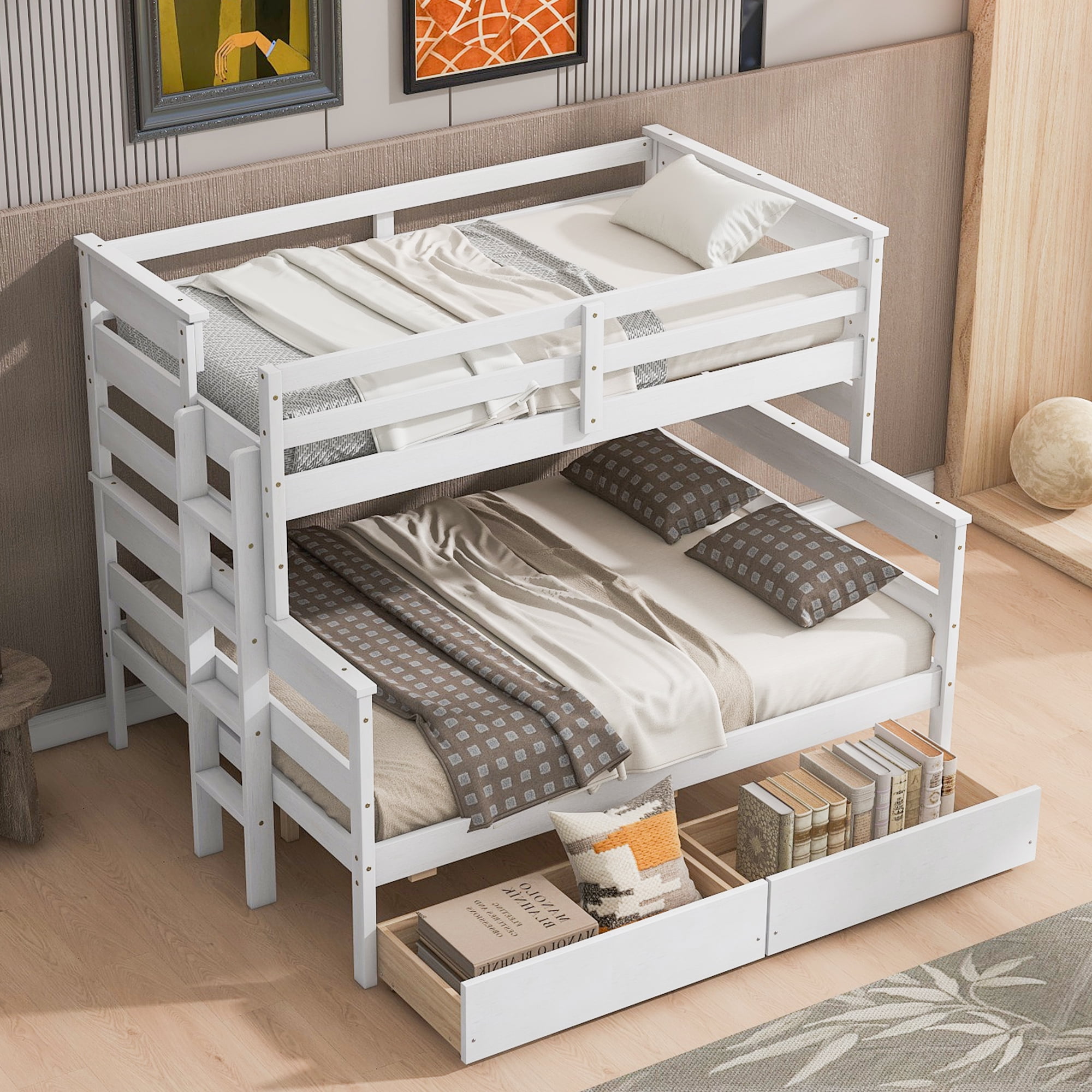 Euroco Wood Twin over Full Size Bunk Bed with Two Drawers, 2-in-1 Beds for Kids Teens Bedroom, Divided Bunk Bed Frame, White
