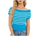 thumbnail image 5 of Levmjia Womens Top Casual Short Sleeve Blouse Off The Shoulder Summer Striped Round Neck Fashion Soft Polyester Pullover Comfortable Shirt, 5 of 8