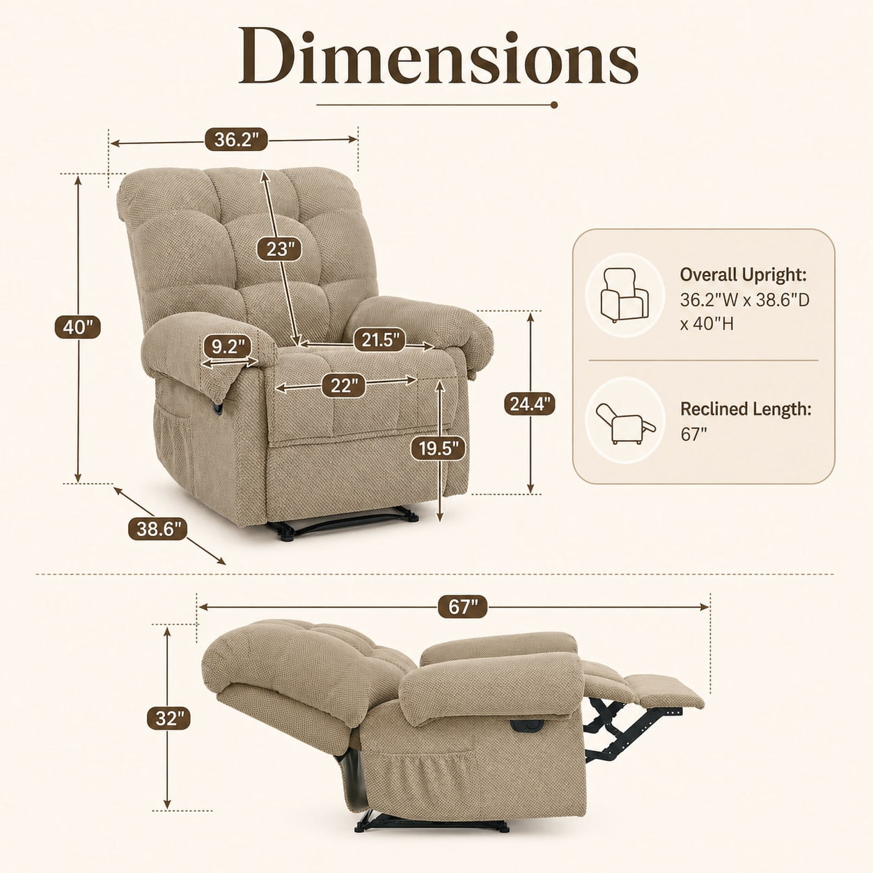 Miniyam Overstuffed Recliner Chair with Plush Armrests, Adjustable Ergonomic Recliner, 105° to 165° Reclining, Camel
