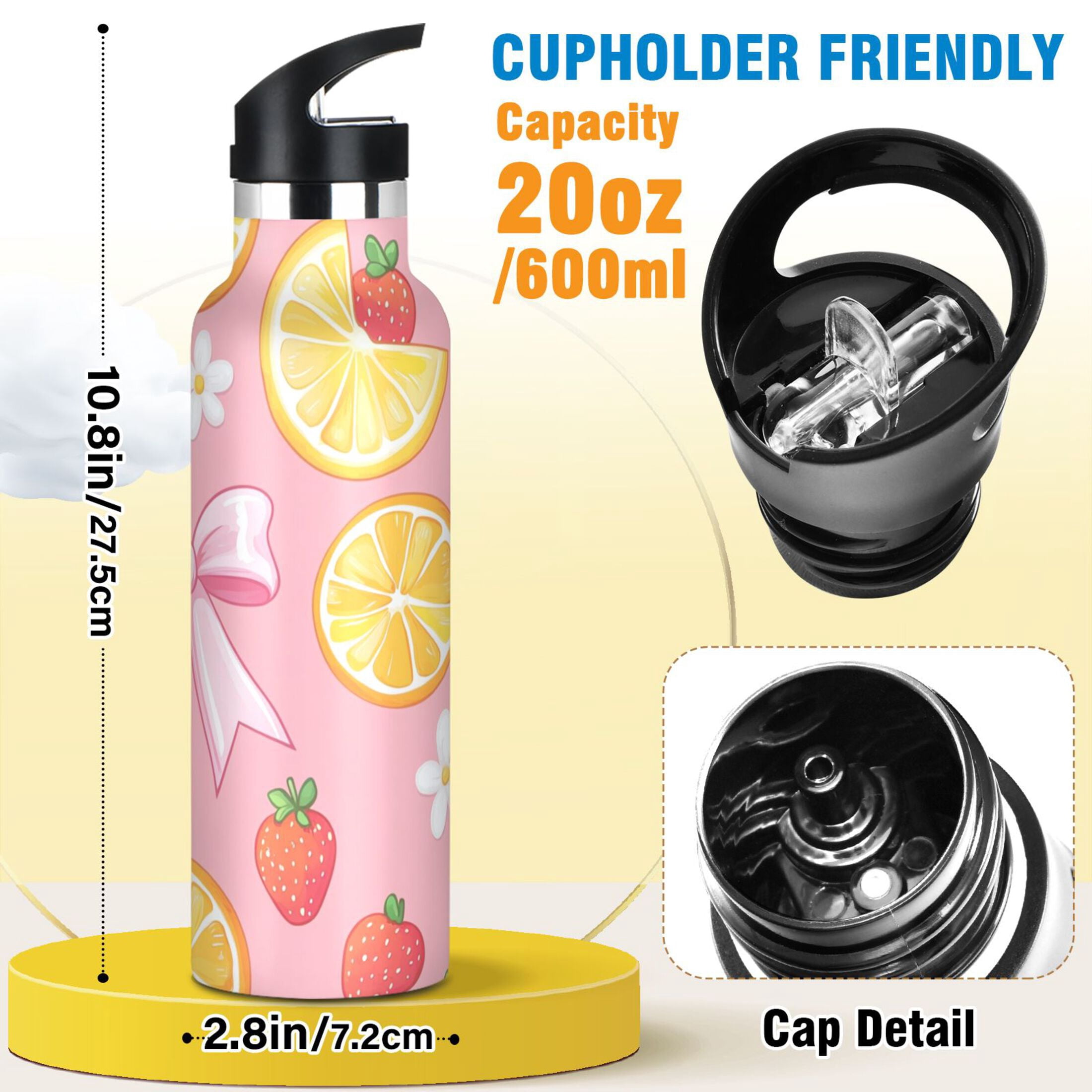 Kids Insulated Stainless Steel Sports Water Bottle 600ml (20oz) Bow Ribbon and Orange
