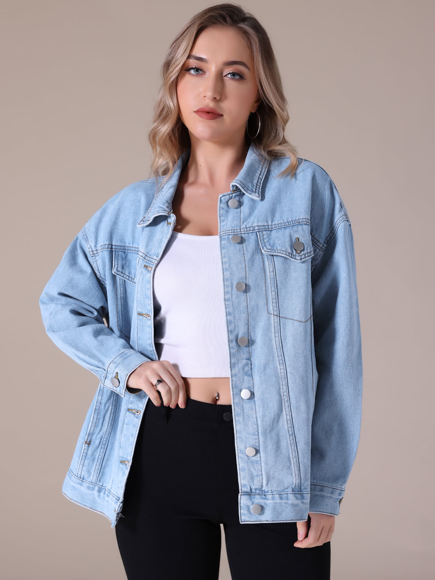 Unique Bargains Women's Casual Denim Jacket with Oversized Pockets 2XL Light Blue