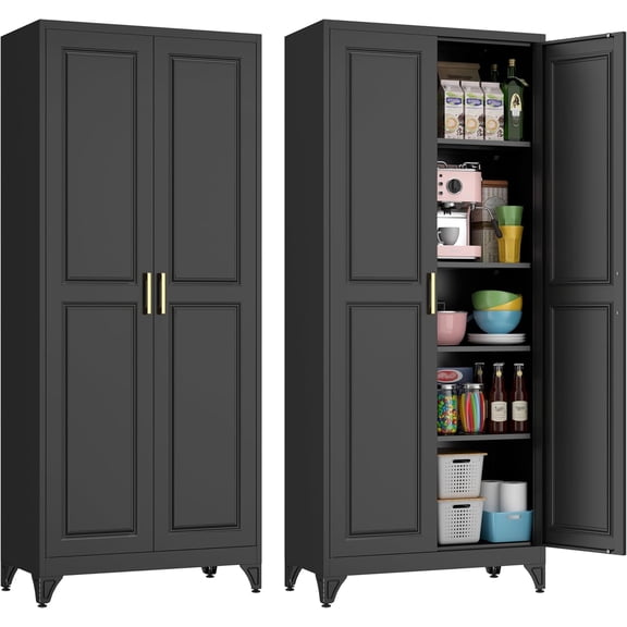 75" Kitchen Pantry Cabinet, Black Metal Storage Cabinets with 2 Doors and 4 Adjustable Shelves, Tall Pantry Storage Cabinet for Kitchen, Dining Room, Living Room