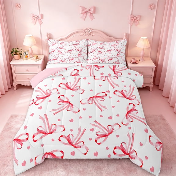jejeloiu Red Ribbon Bowtie Twin Comforter Sets,Kawaii Bowknot Bow Bedding Set For Girls Teens Reversible 2 Pieces