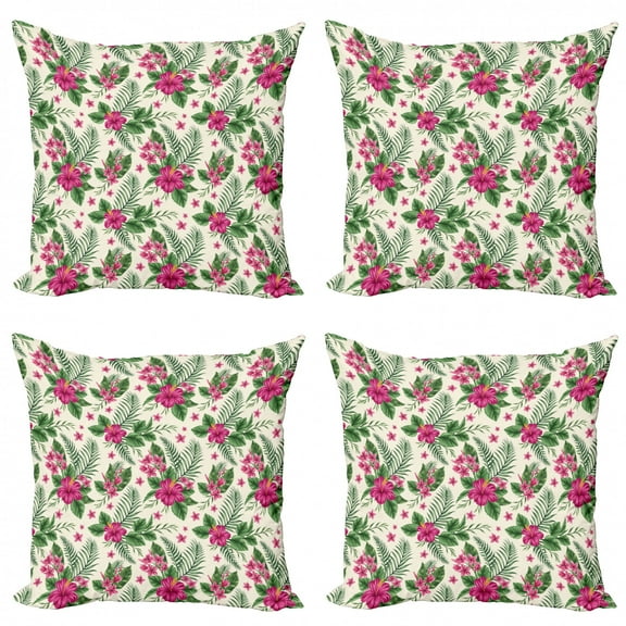 Ambesonne Watercolor Throw Pillow Cover 4 Pack, Plumeria Hibiscus, 16", Magenta Cream Green