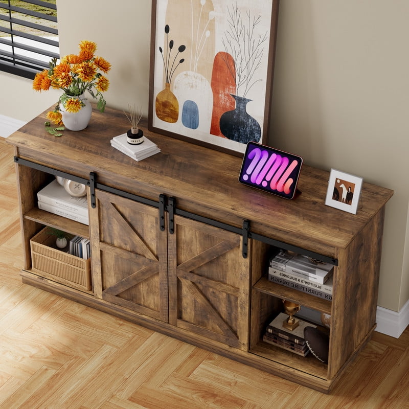 Furmax 65 inch TV Stand Entertainment Center with Sliding Barn Doors and Storage,Rustic Oak