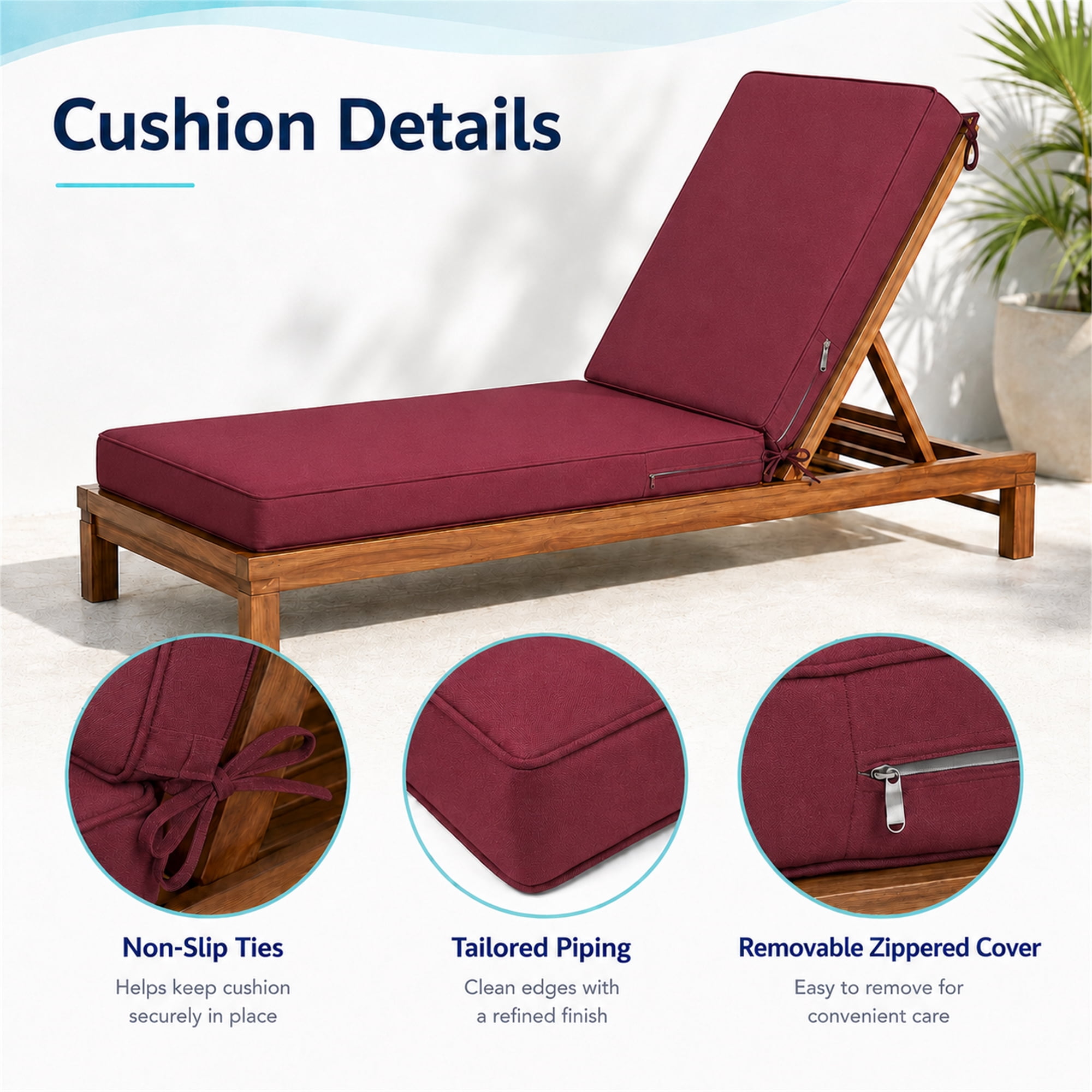 Millsilo Outdoor Chaise Lounge Cushion, 72" x 21" x 3" Patio Lounge Chair Cushion, Water-Resistant UV-Protected Replacement Cushion with High Density Foam, Burgundy