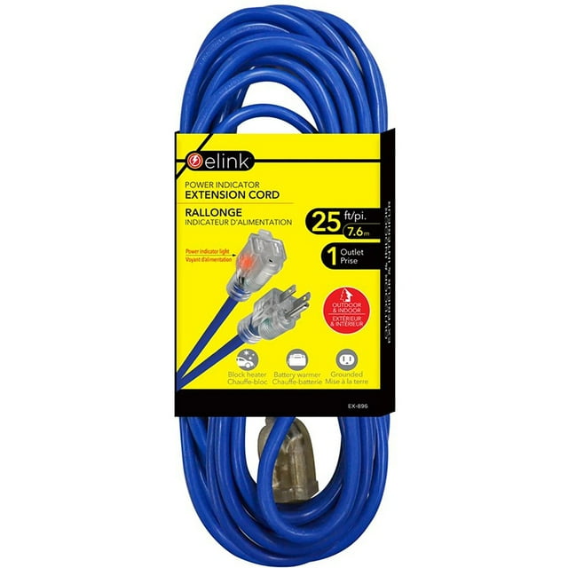 Elink - Outdoor Extension Cord with Power Indicator Light, 25 Feet Length, Blue