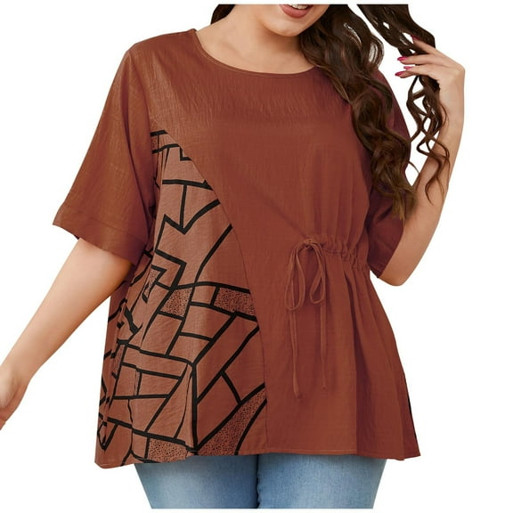 TAGOLD Womens Summer Plus Size Tops,Tops for Womens,Women Oversize Summer Casual Short Sleeve Round Neck Printed Sleeve Tops Loose Blouse