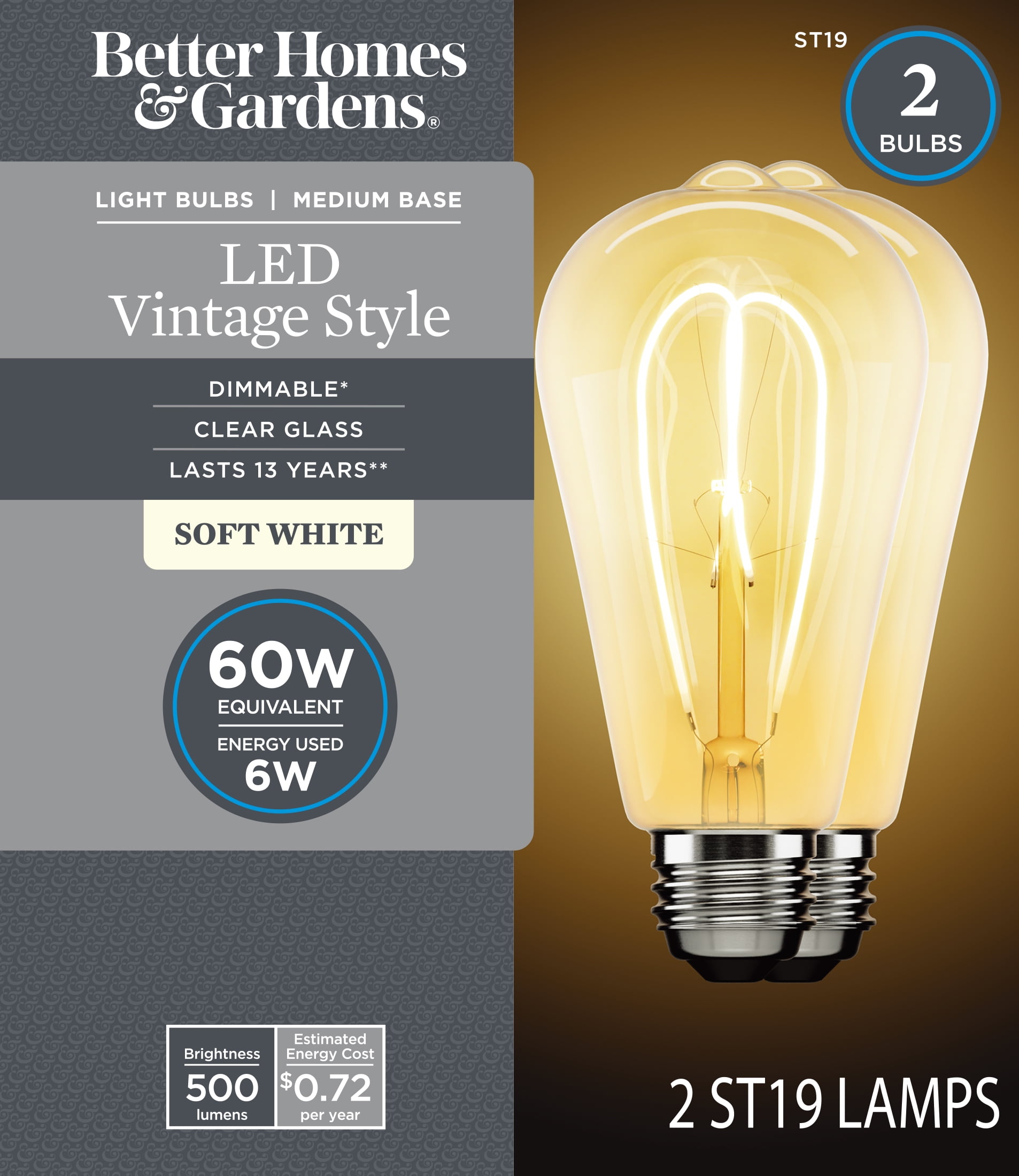 (2 pack) BH&G ST19 LED Vintage Bulb, 6-Watt (60W Equivalent) Soft White, Dimmable E26 Base, 2PK
