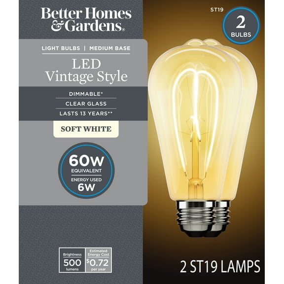 Better Homes&Gardens LED Vintage Light Bulb,ST19 60Watts Eqv. Soft White Spiral Filament,Medium Base,Dimmable,2Pack