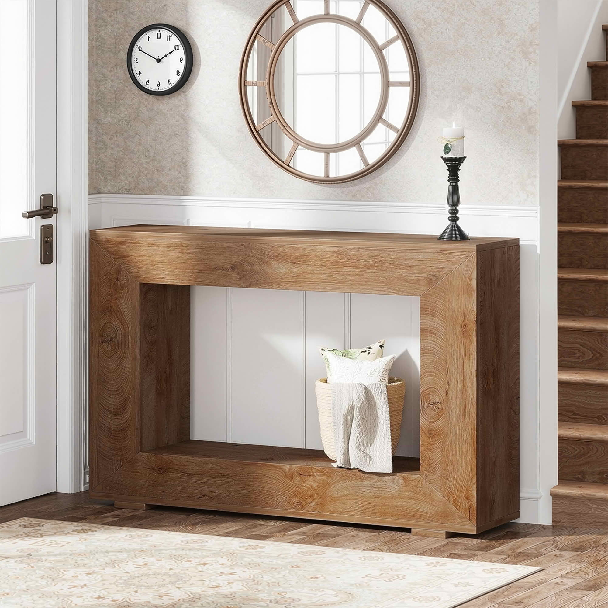 MAYEERTY 47.2" Farmhouse 2-Tier Console Table, E1 MDF Square Leg Entryway Sofa Table with Adjustable Anti-Slip Pads