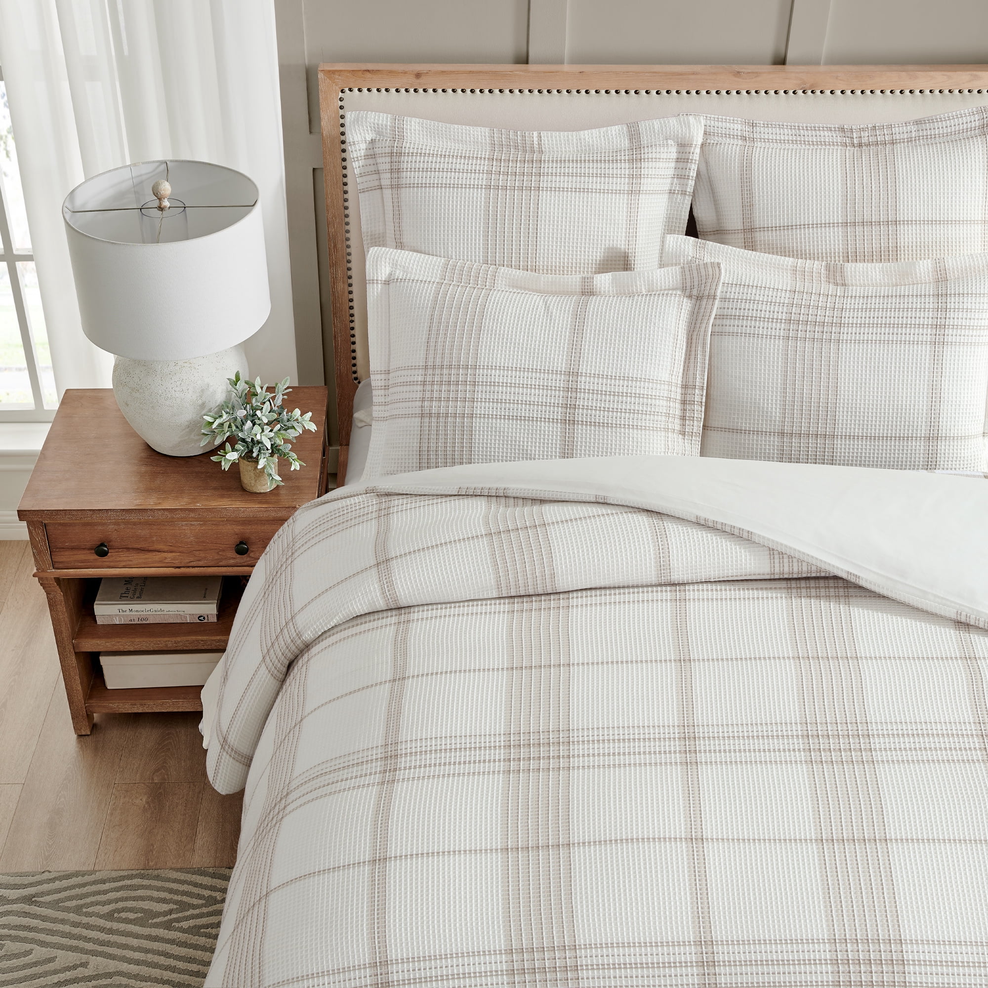 Levtex Home - Waffle Plaid Duvet Cover Set - Full/Queen Duvet (90x94in.) and 2 Standard Shams (20x26in) - Plaid Waffle - Cream/Taupe - Reversible - Cotton