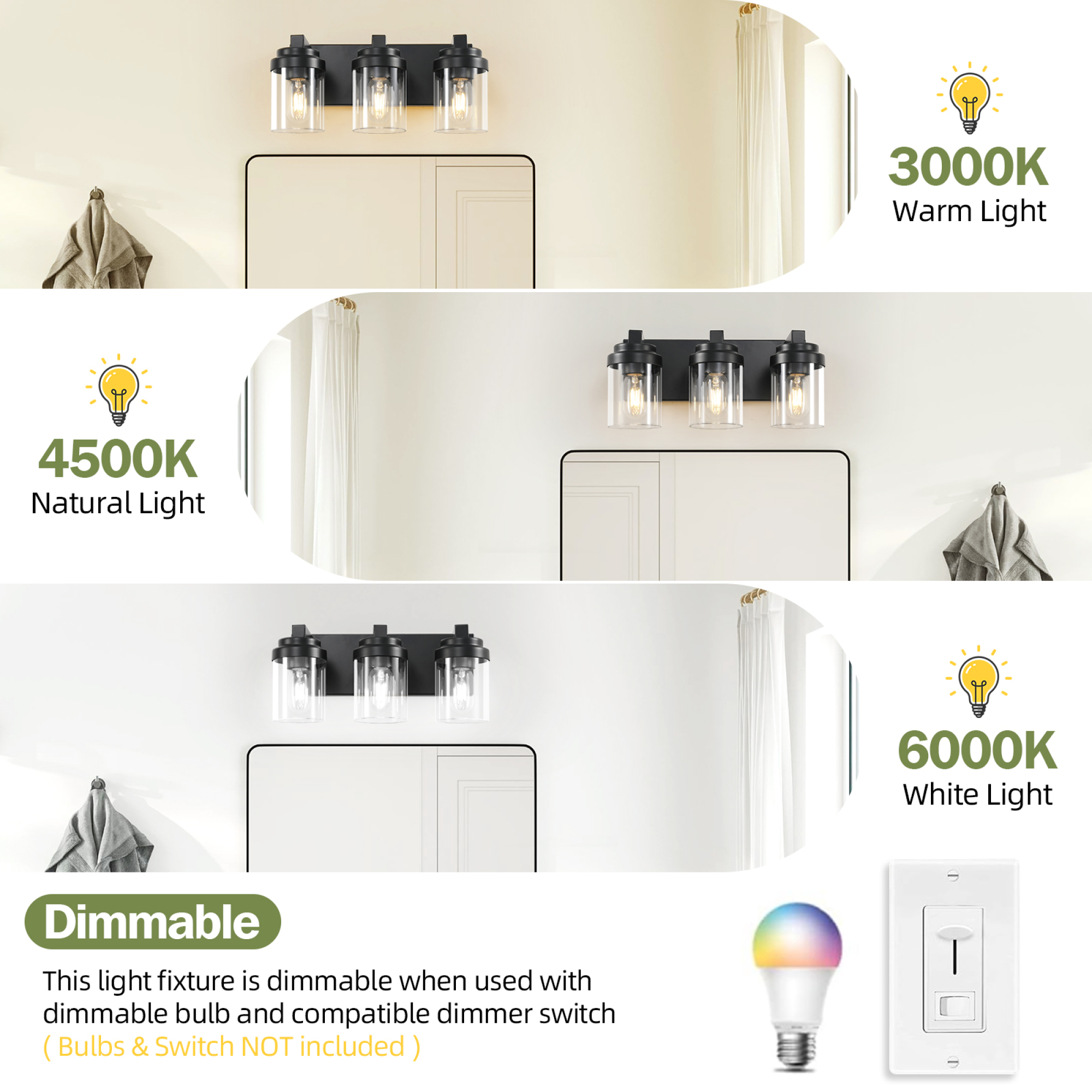 Leumius 3-Light Bathroom Light Fixtures Over Mirror Bathroom Vanity Light, Black Vanity Lights with Clear Glass Shade, Modern Bathroom Light Fixtures for Bedroom, Hallway(No Bulbs)